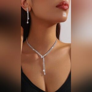 Silver Crystal Drop Y-Style Necklace and Earrings Set